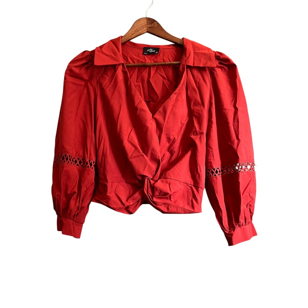 Milk & Honey Blouse Womens Small Red Excellent Twist Front Lattice Puff Sleeve